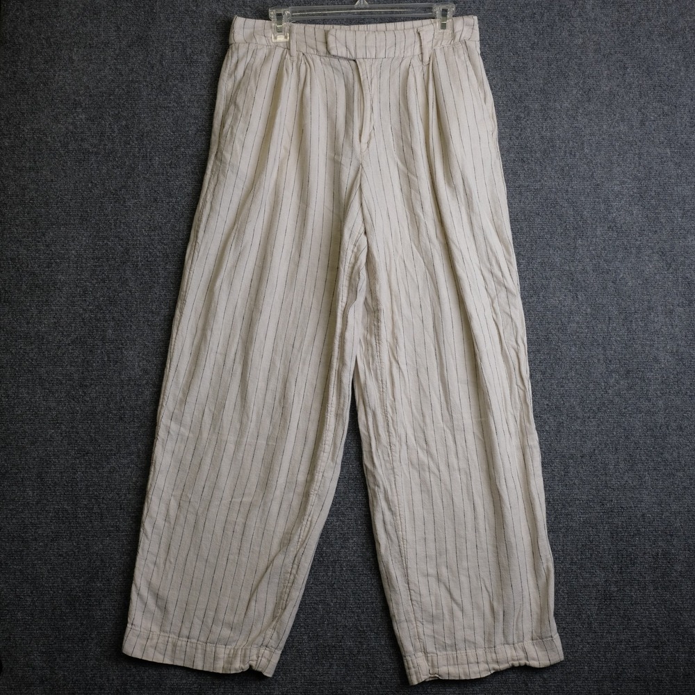 A New Day Dress Pants Womens 8 Beige Linen Blend Striped Relaxed Fit Pleated